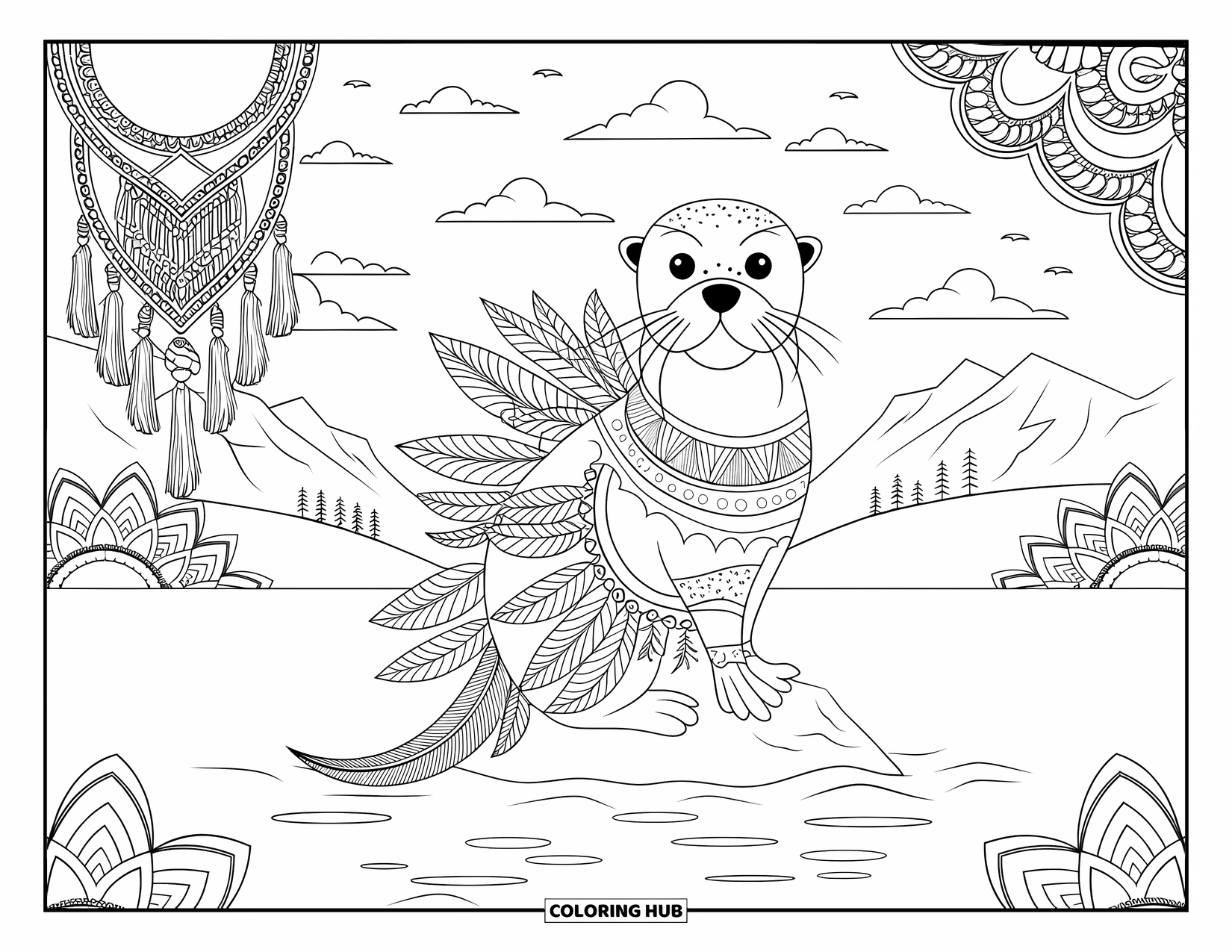 Otter Kleurplaat voor Volwassenen: Een boho-chique otter zit op een rots, omringd door macramé, veren en tribale designs