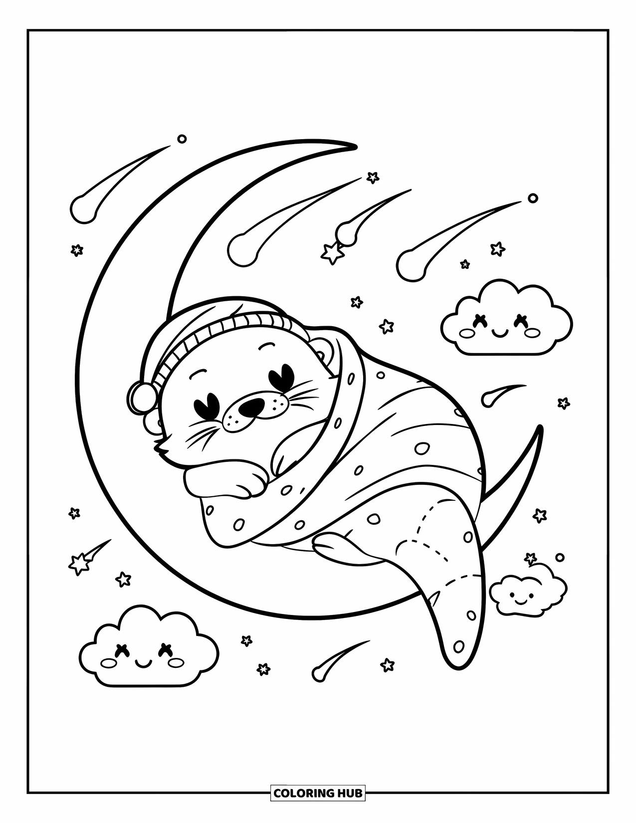 Otter Kleurplaat voor Volwassenen: Een mollige otter gekruld in een halve maan, gewikkeld in een deken, met vallende sterren aan de hemel