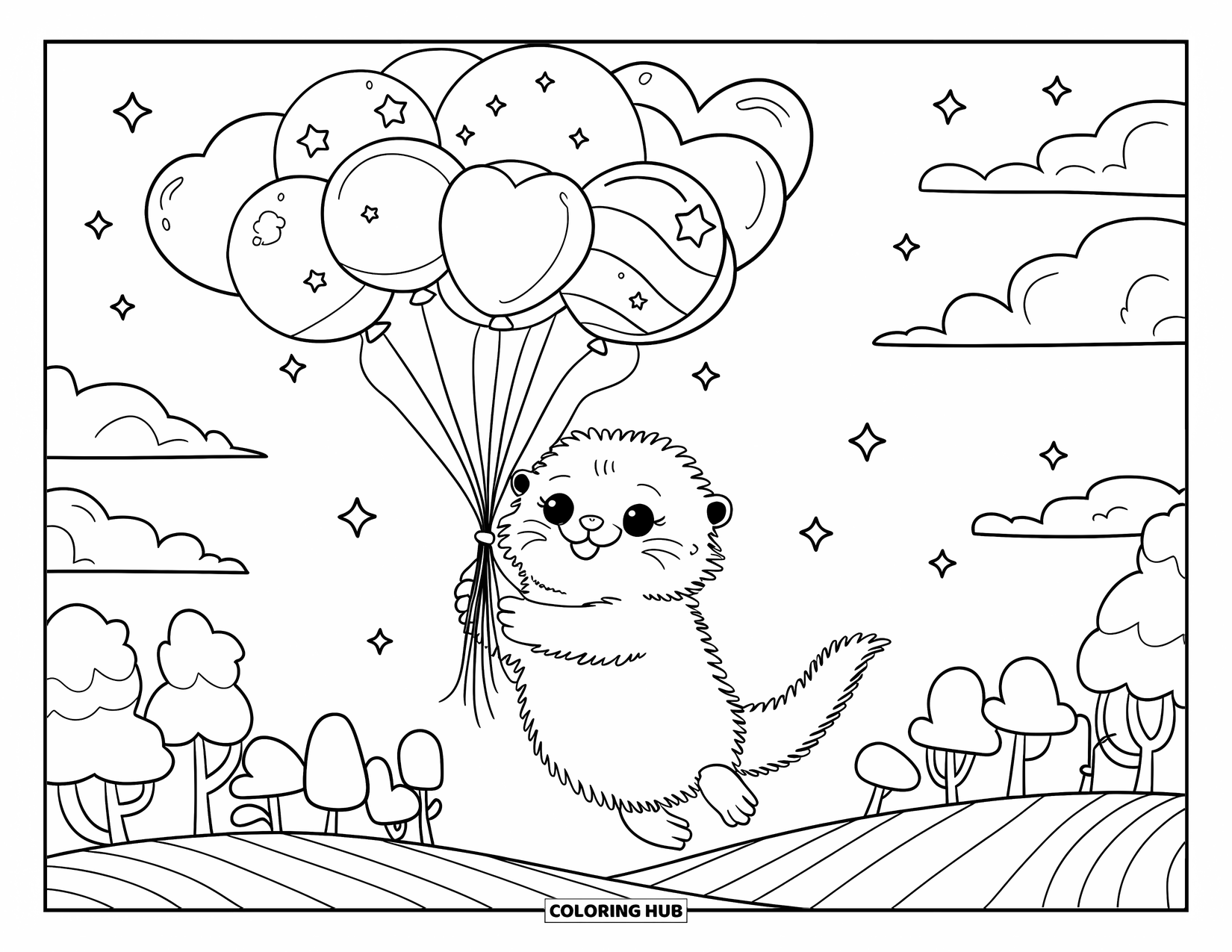 Otter Kleurplaat voor Volwassenen: Een pluizige otter houdt ballonnen vast en stijgt op naar een lucht met zachte wolken, sterren en regenboogglitters