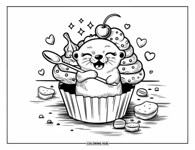 Vidra kifestő felnőtteknek: Egy kuncogó vidra muffin papírban ül, kanalat tart, körülötte szívek és szikrák