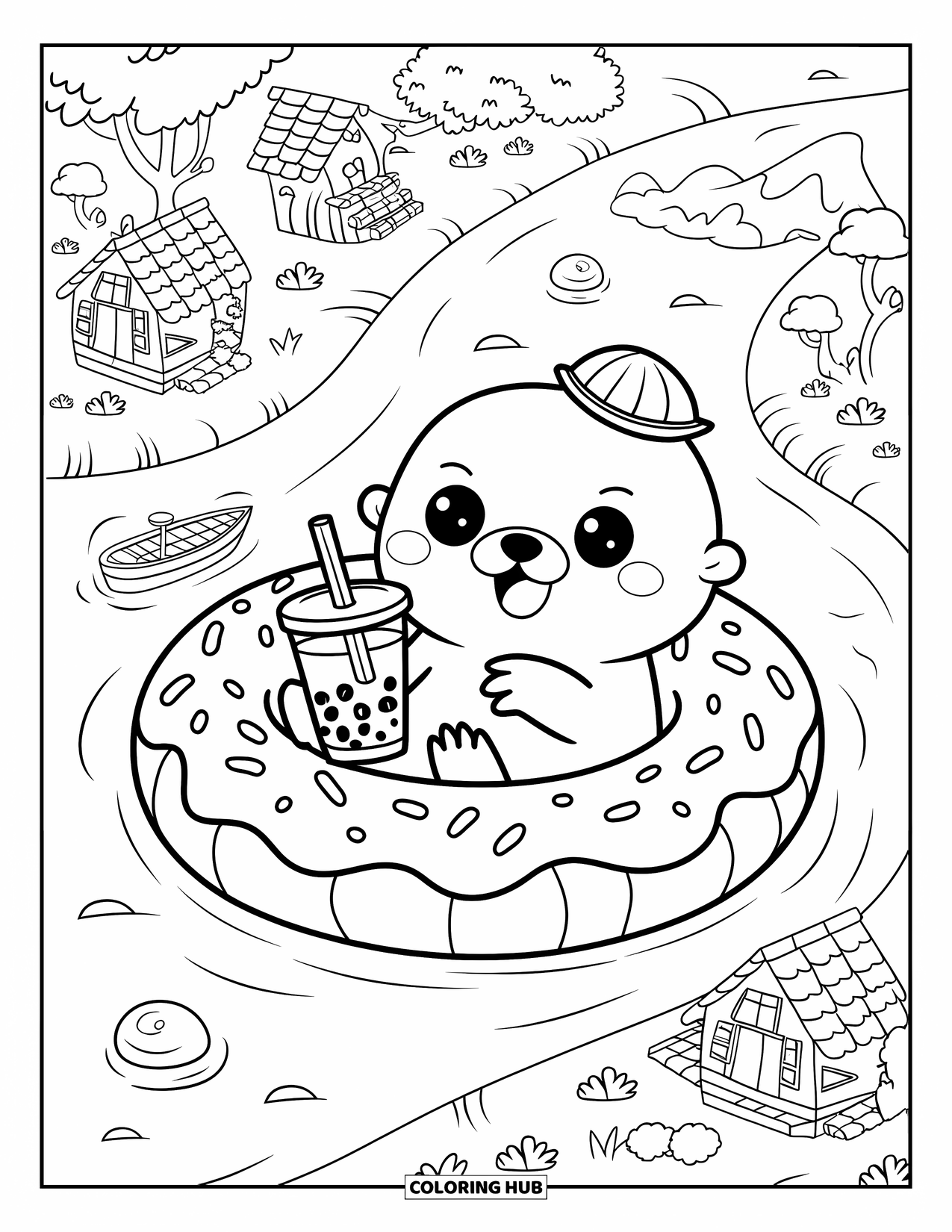 Otter Kleurplaat voor Volwassenen: Een kawaii otter drijft een rivier af op een donut floatie, houdt bubble tea vast en draagt een hoed