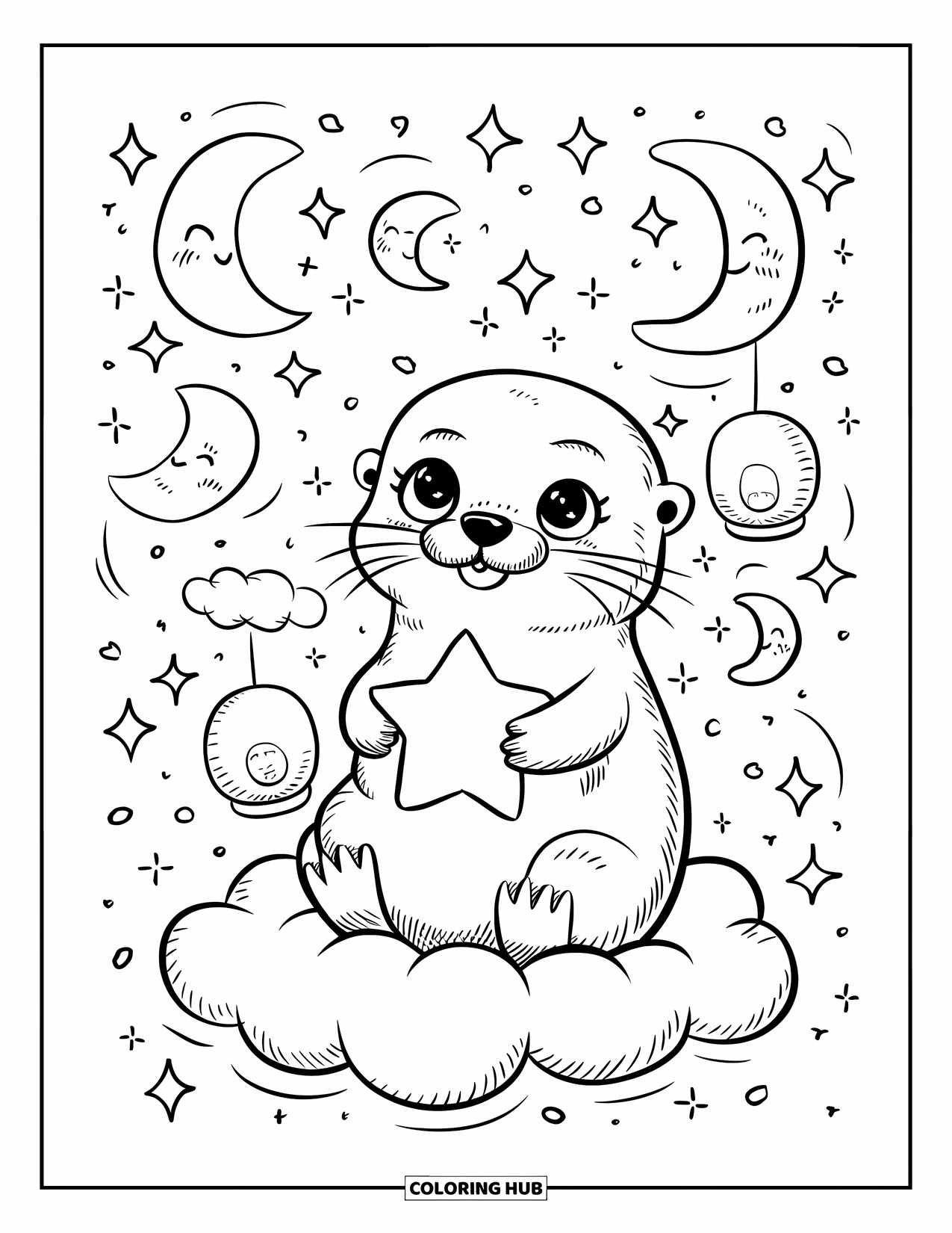 Otter Kleurplaat voor Volwassenen: Een magische otter houdt een gloeiende ster vast op een pluizige wolk, omringd door manen, glitters en lantaarns