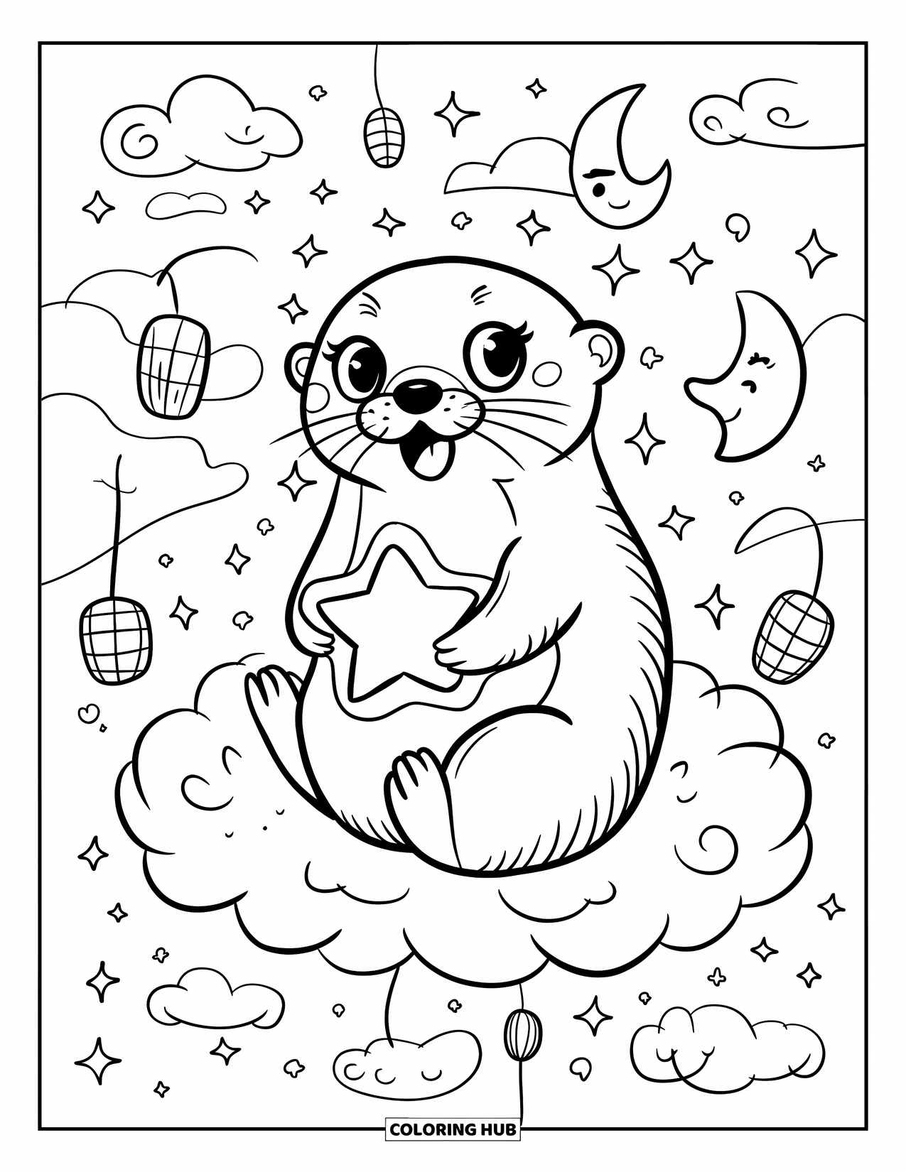 Otter Kleurplaat voor Volwassenen: Een magische otter zit op een wolk, houdt een gloeiende ster vast, omringd door manen en glitters