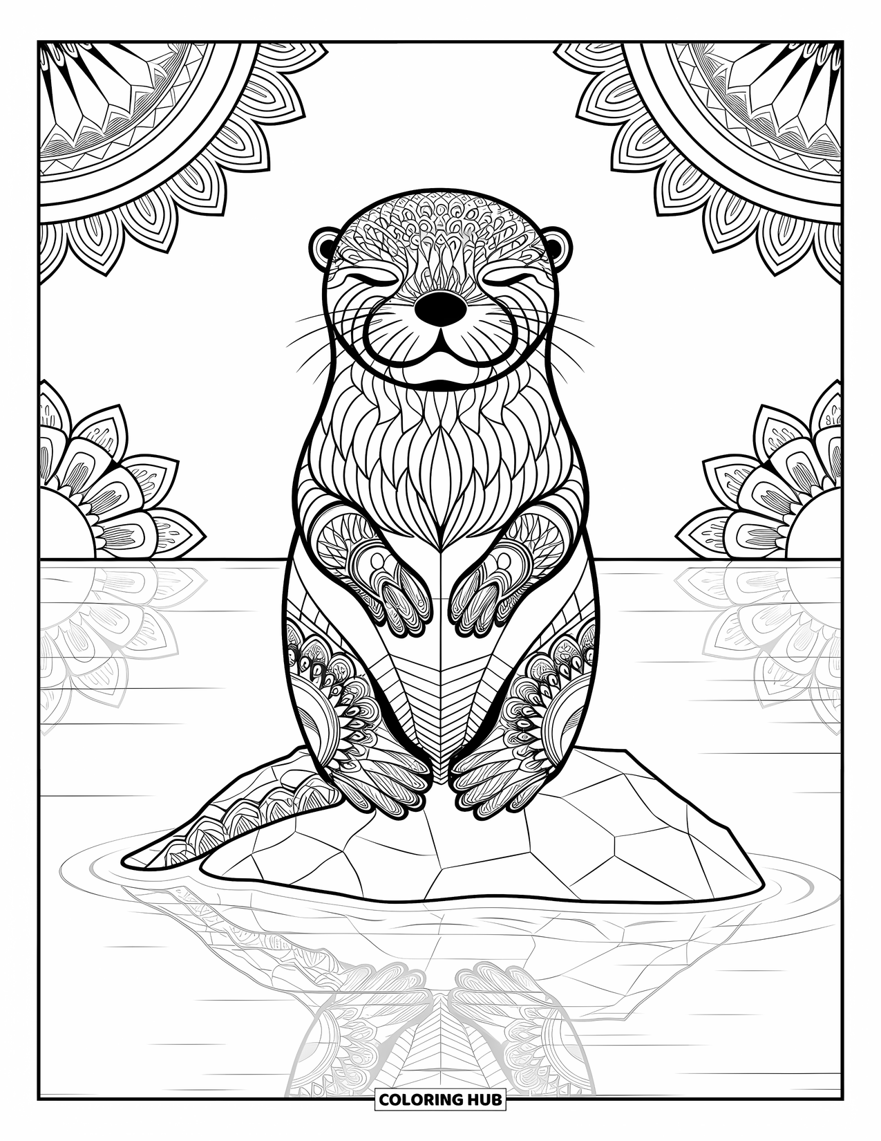 Otter Kleurplaat voor Volwassenen: Een otter in mandala-stijl met gesloten ogen zit op een rots, weerspiegeld in kalm water
