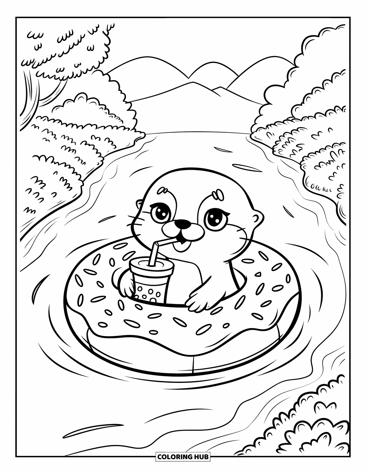 Otter Kleurplaat voor Volwassenen: Een speelse otter drijft een rivier af in een donut floatie, nippend aan bubble tea, met een serene achtergrond