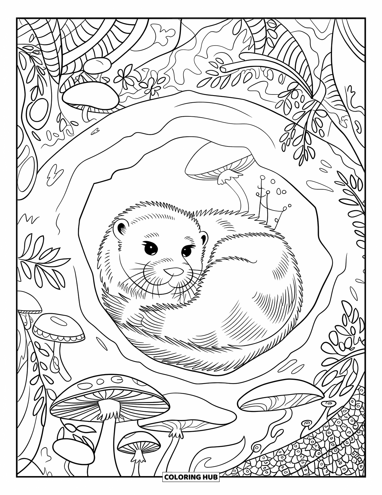 Otter Kleurplaat voor Volwassenen: Een otter krult zich op in een gezellig hol, omringd door paddenstoelen, varens en ingewikkelde bosdetails