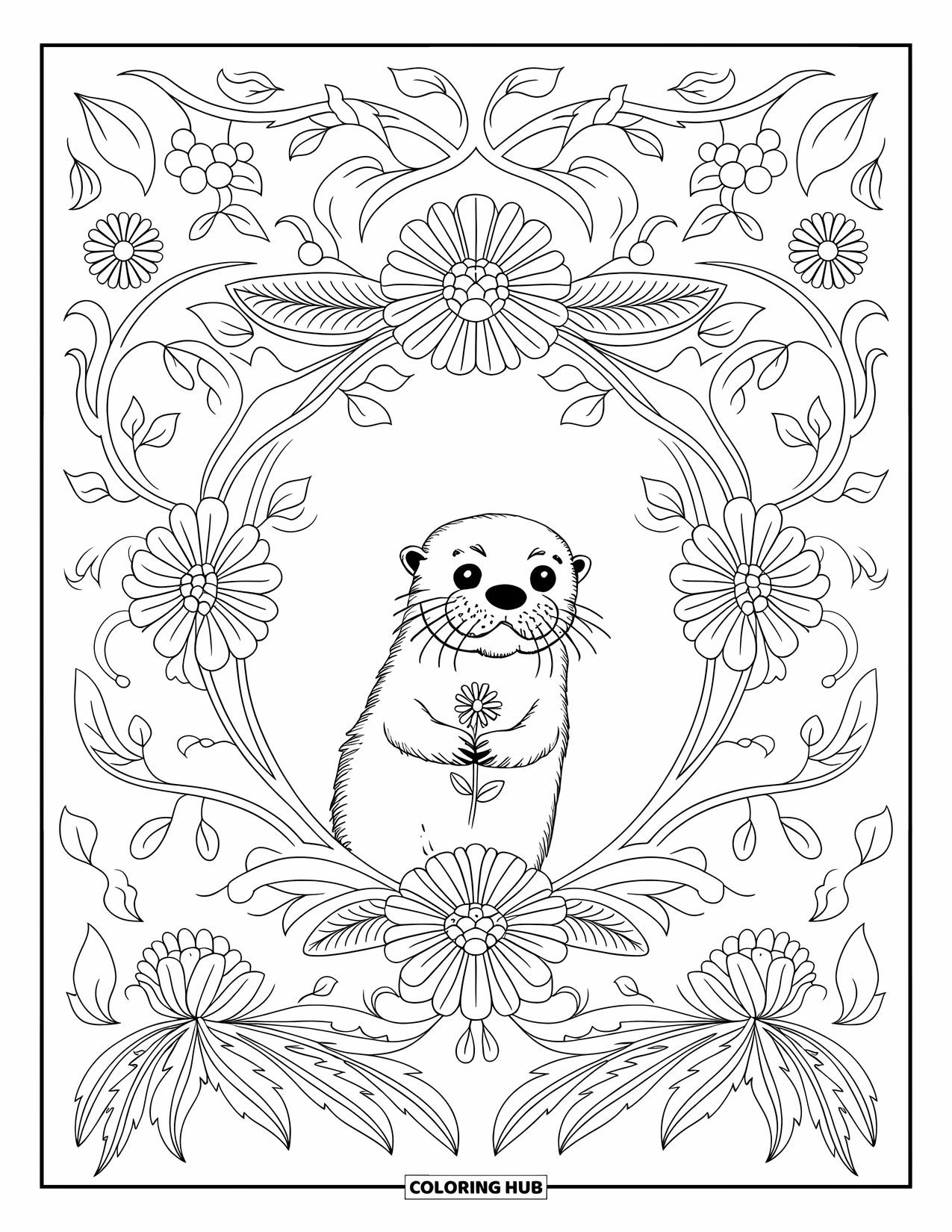 Otter Kleurplaat voor Volwassenen: Een otter houdt een bloem vast terwijl hij in een bloemenframe zit, gevuld met wijnranken en gedetailleerde patronen