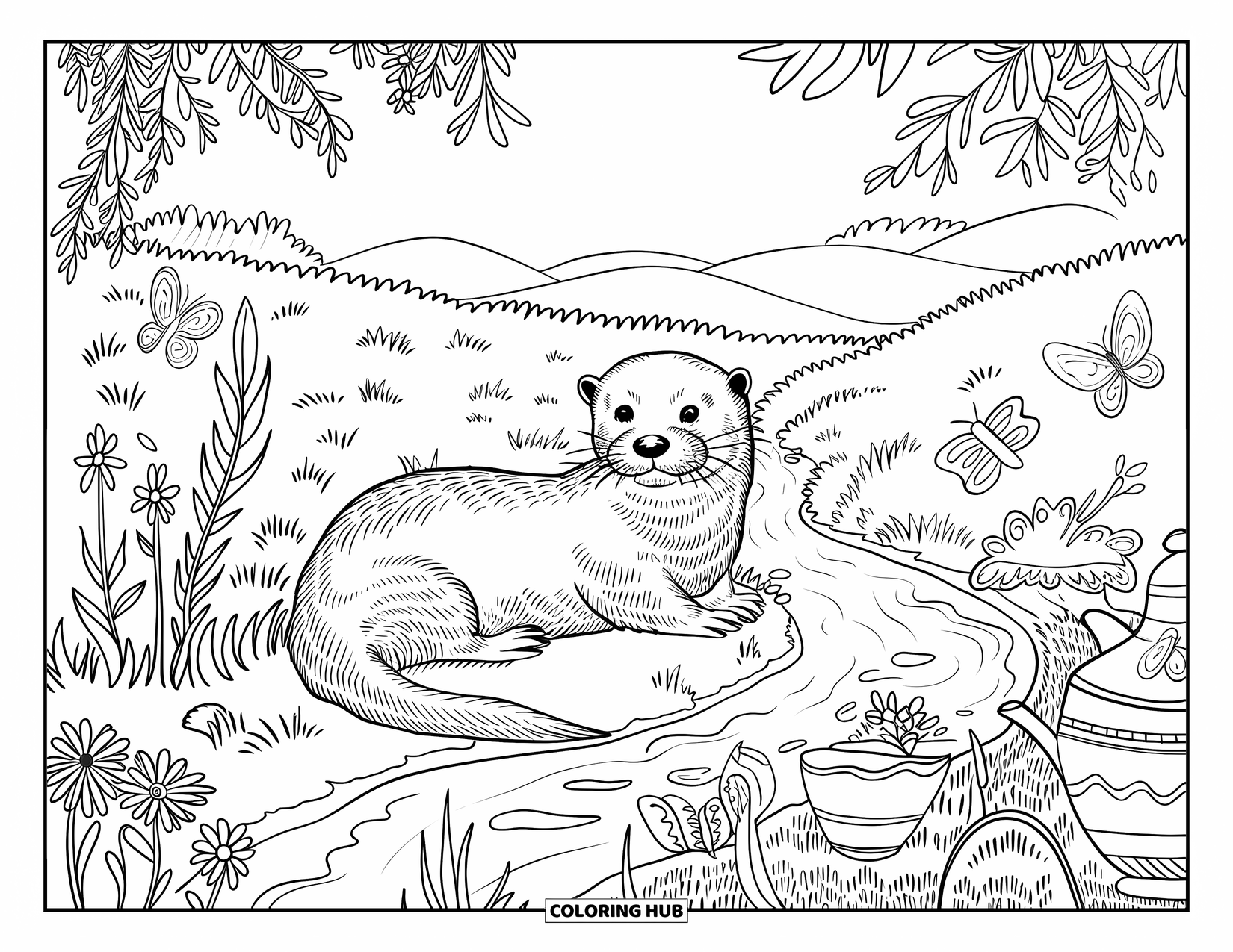 Otter Kleurplaat voor Volwassenen: Een otter rust in de buurt van een landelijke beek met glooiende heuvels, wilde bloemen en ingewikkelde artistieke details