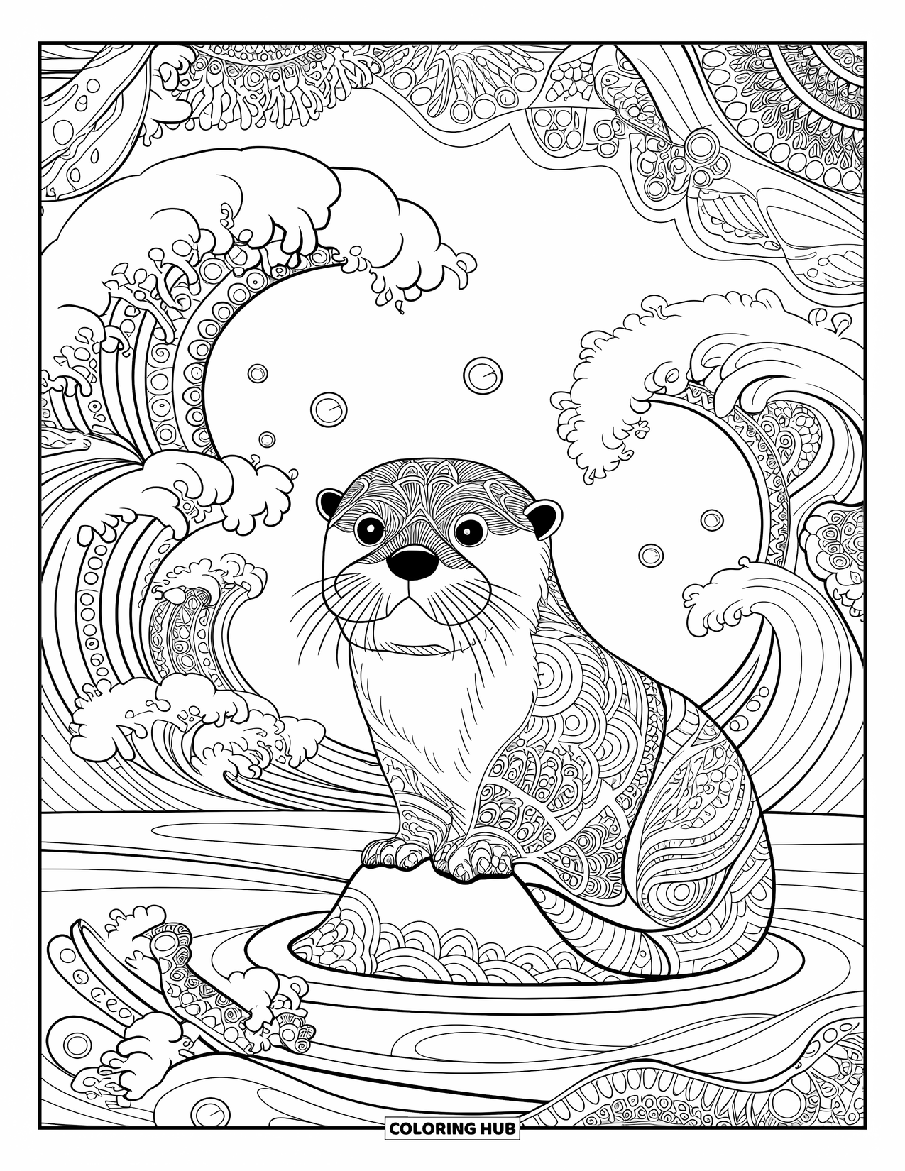 Otter Kleurplaat voor Volwassenen: Een otter zit op een rots in het water, omringd door wervelende patronen en ingewikkelde decoratieve elementen