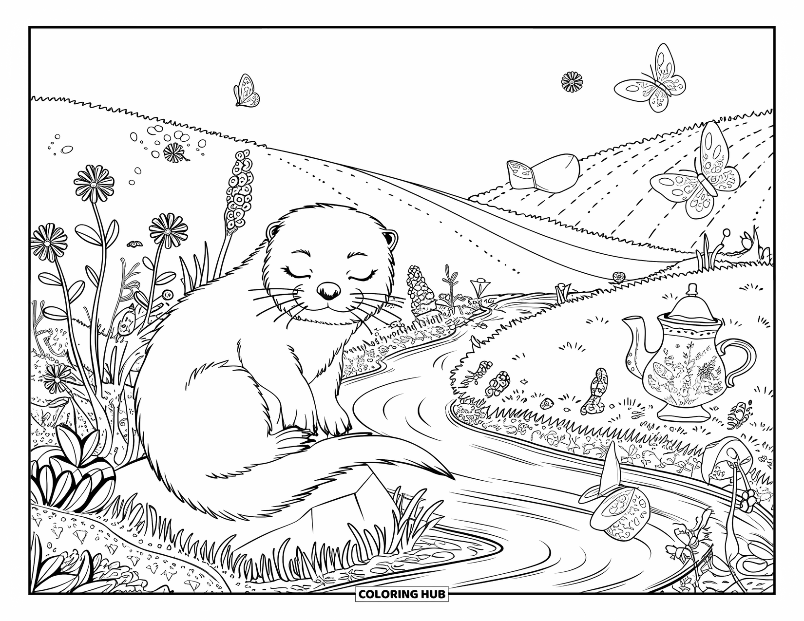 Otter Kleurplaat voor Volwassenen: Een otter zit op een rots met gesloten ogen, omringd door wilde bloemen, vlinders en een vredig landschap