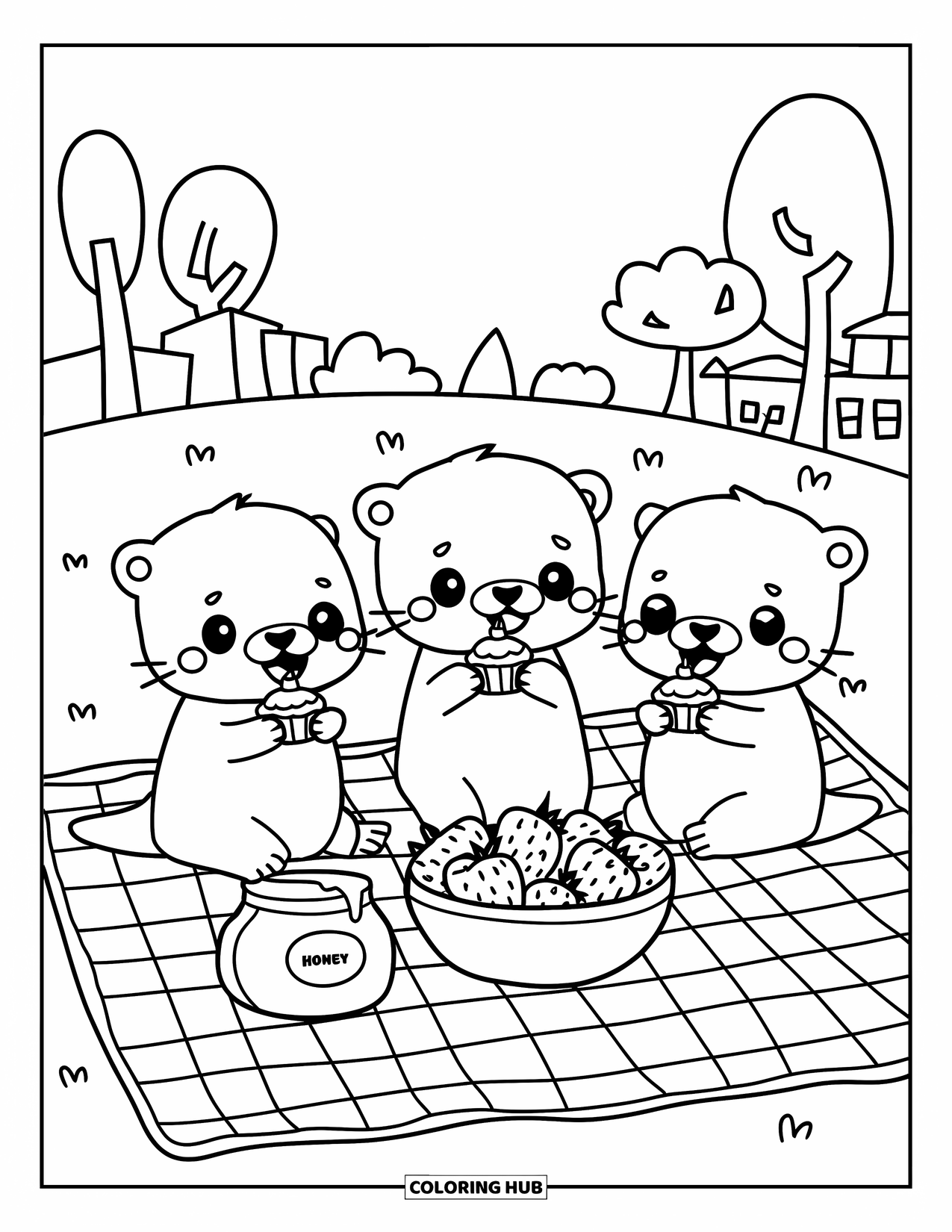 Otter Kleurplaat voor Volwassenen: Drie otters picknicken op een deken met cupcakes, honing en aardbeien in een eenvoudige setting