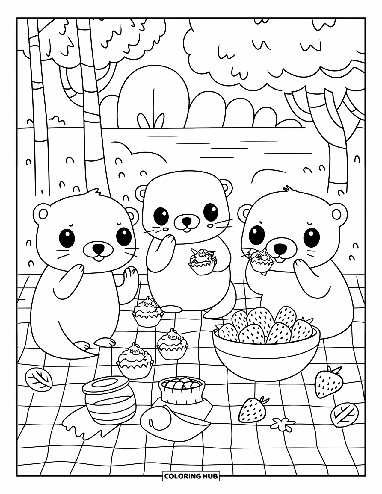 Otter Kleurplaat voor Volwassenen: Drie otters picknicken op een geruite deken met cupcakes, honing en aardbeien