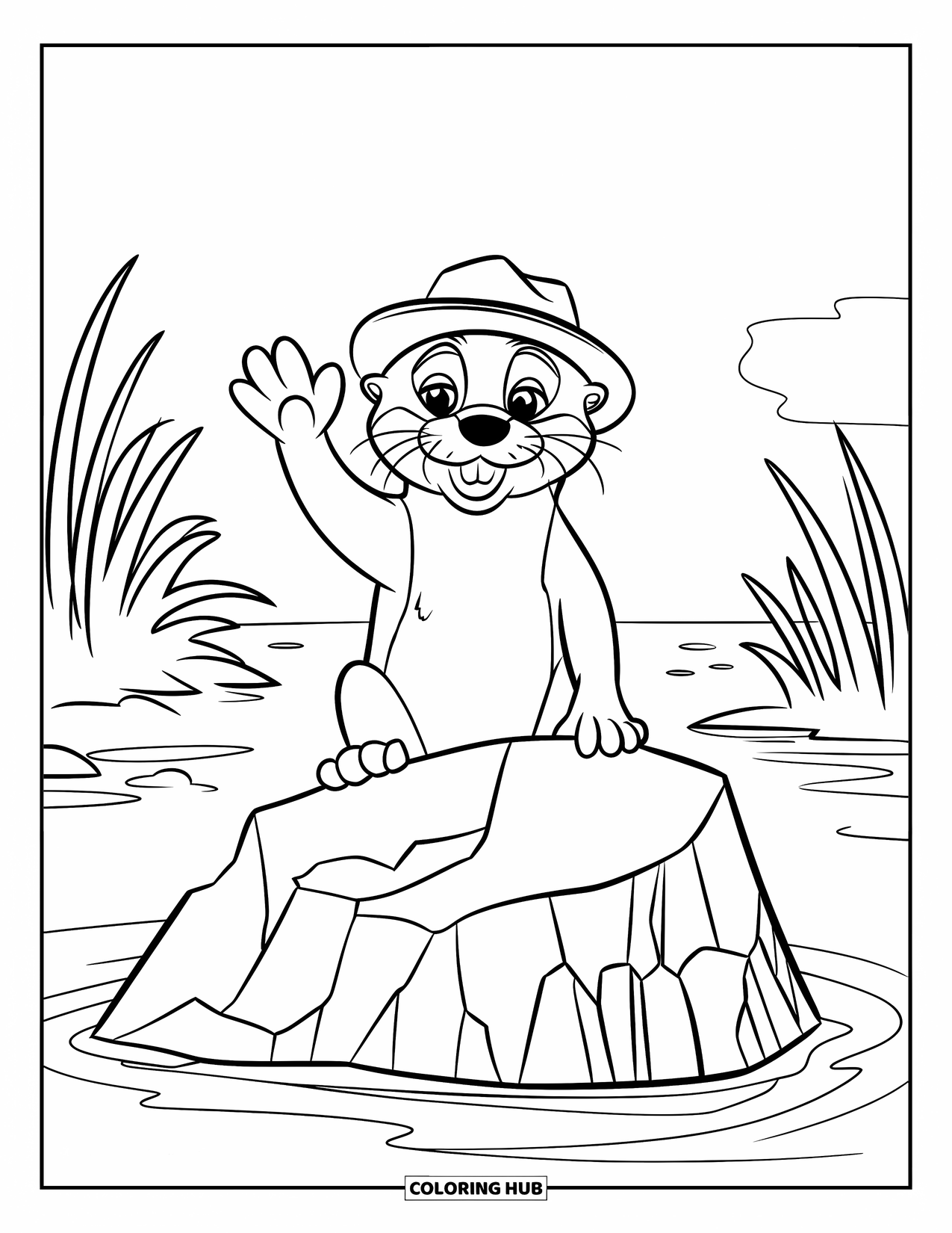 Otter Kleurplaat voor Kinderen: Een vrolijke otter zwaait terwijl hij op een rots zit, met water dat zachtjes rondom stroomt