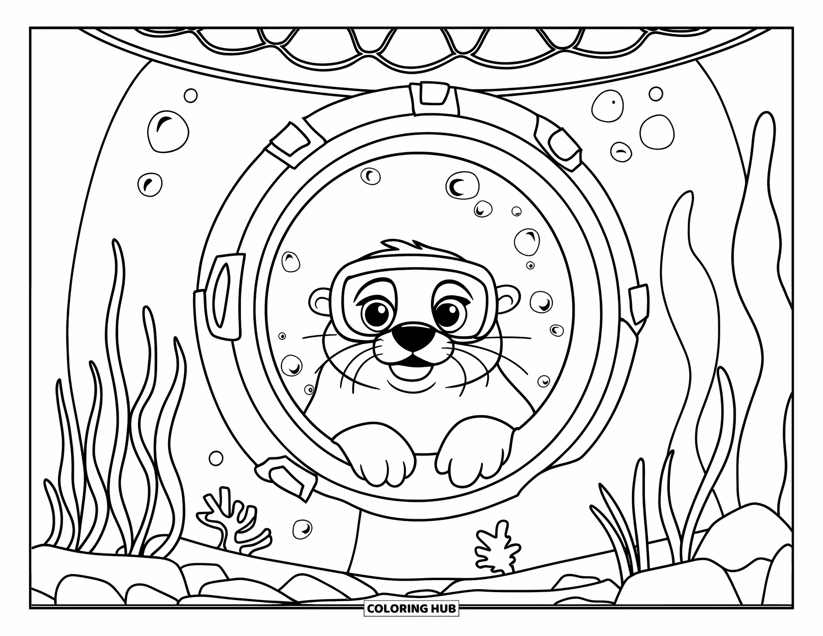 Otter Kleurplaat voor Kinderen: Een vrolijke otter met een duikbril gluurt uit een onderwaterraam, omringd door bellen