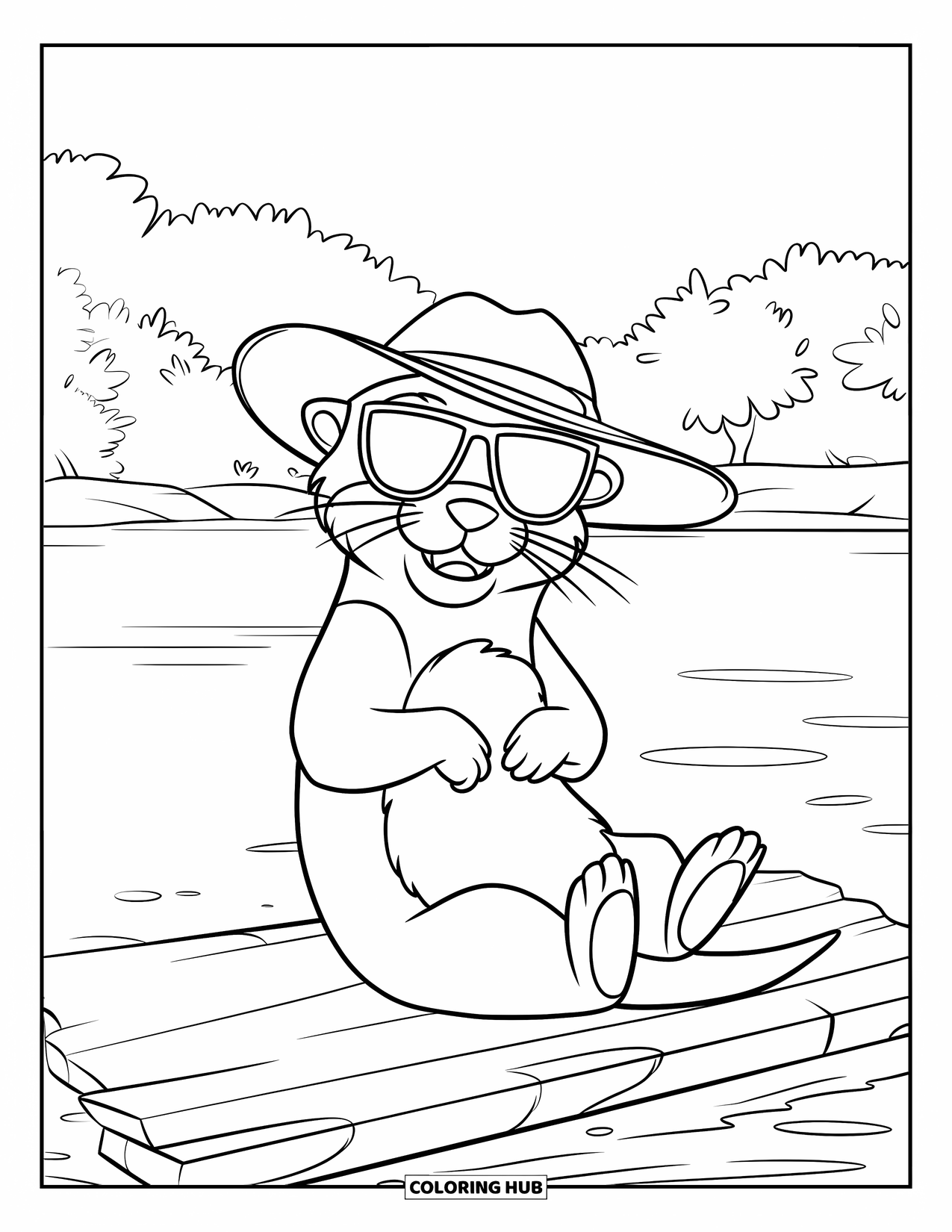 Otter Kleurplaat voor Kinderen: Een relaxte otter zit met gekruiste benen op drijvend hout, genietend van de zon