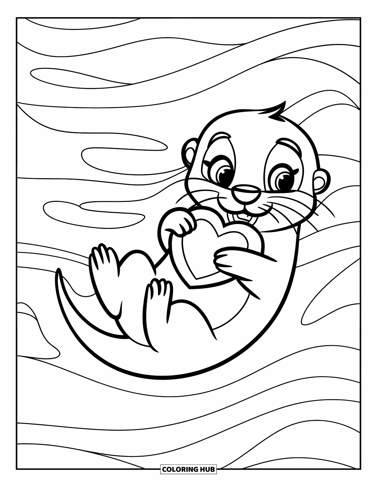 Otter Kleurplaat voor Kinderen: Een schattige otter drijft op zijn rug en houdt een hartvormig object vast, met zachte golven eromheen