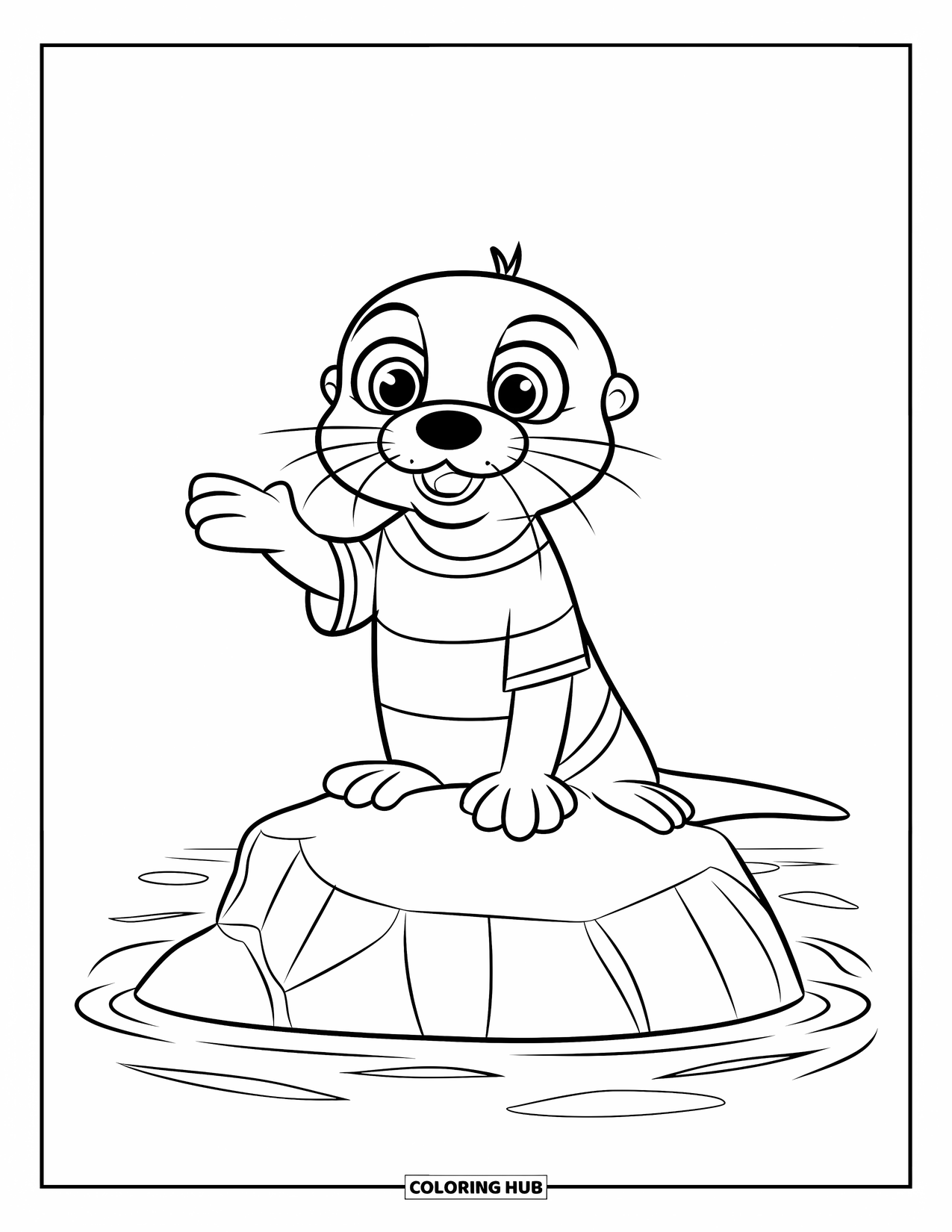 Otter Kleurplaat voor Kinderen: Een vriendelijke otter in een gestreept shirt zwaait vanaf een rots, omringd door kalm water