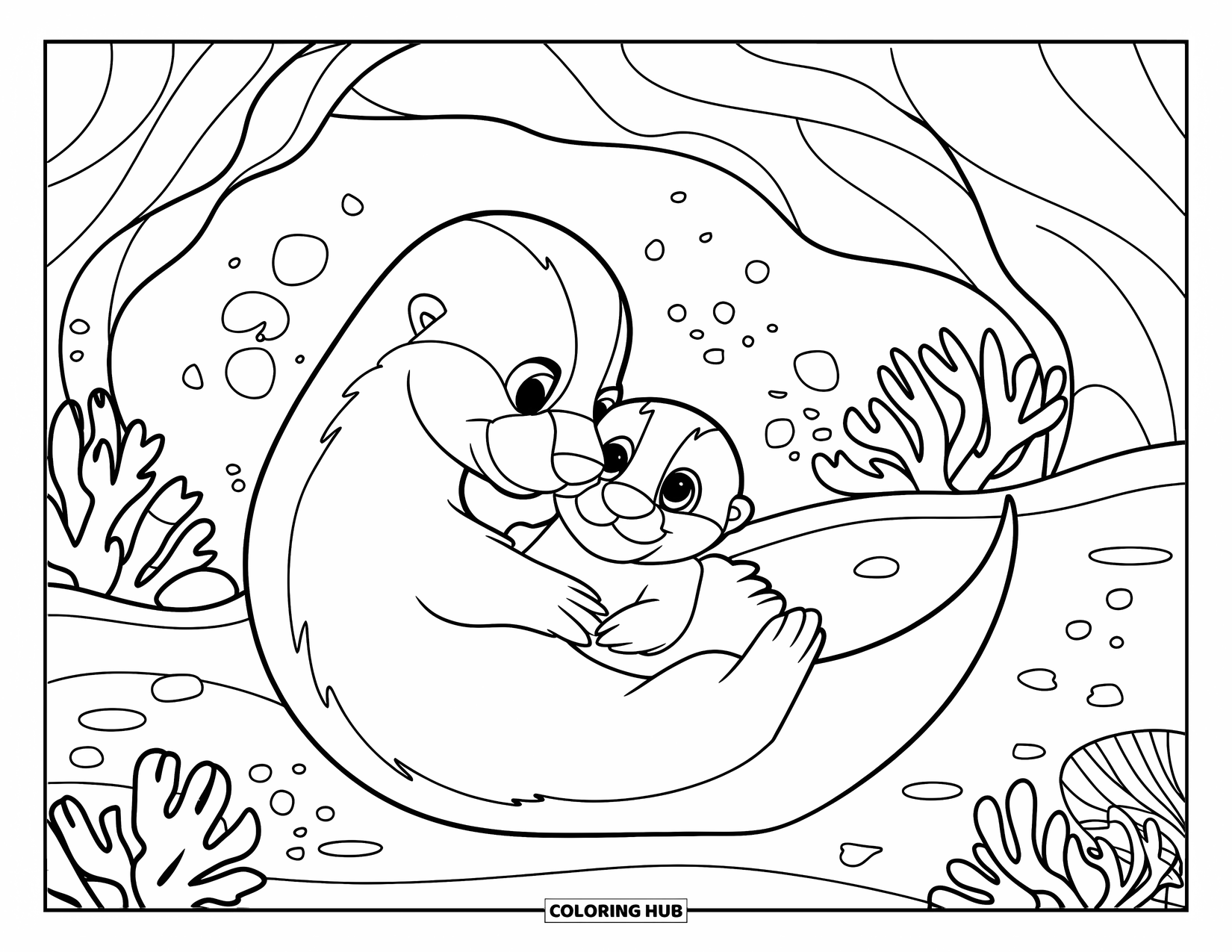 Otter Kleurplaat voor Kinderen: Een moederotter houdt haar baby vast terwijl ze in een sereen koraalrif drijven