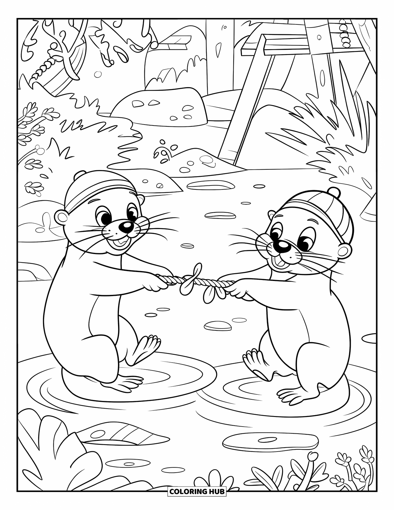 Otter Kleurplaat voor Kinderen: Een paar otters trekken aan zeewier, hun speelse energie vult een rustige rivieroeverscène