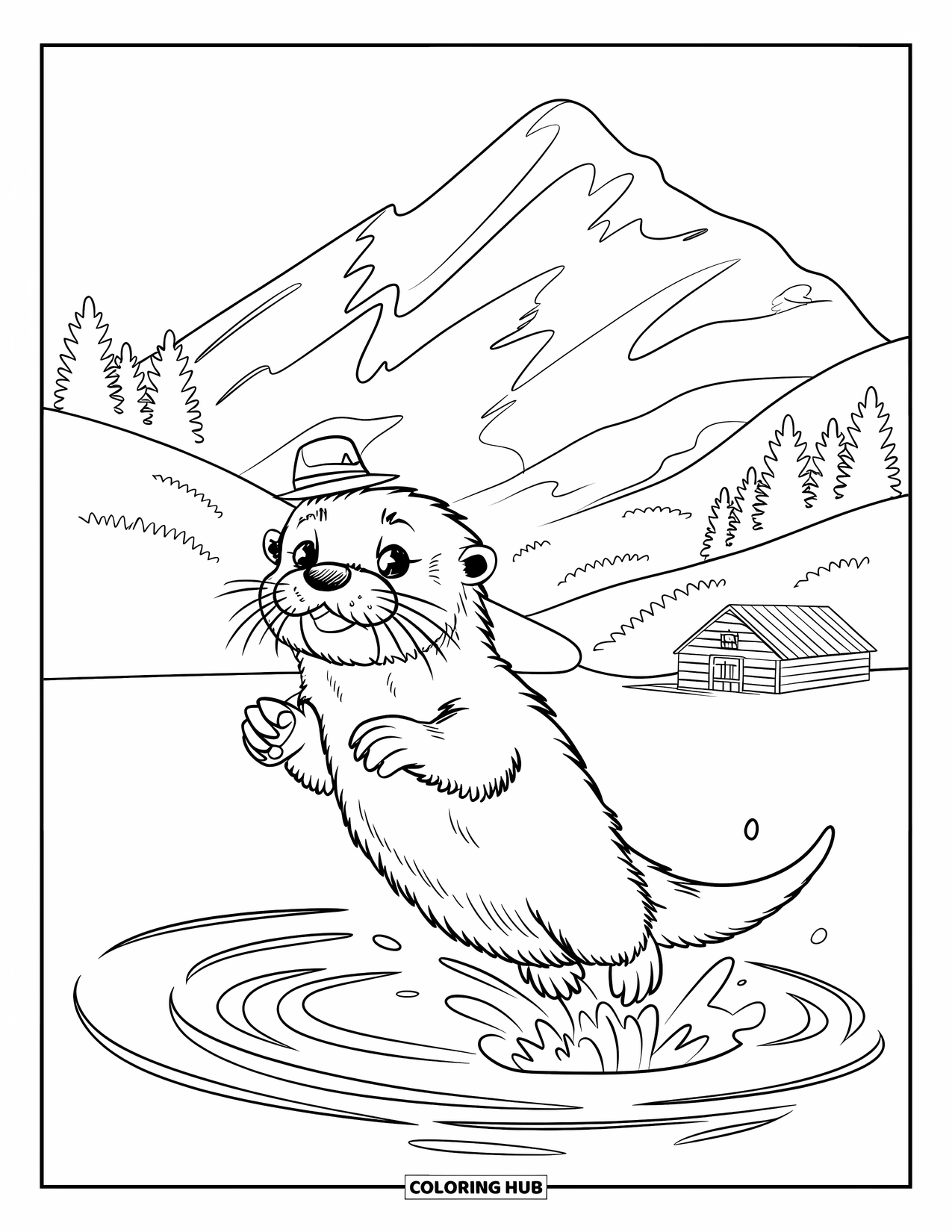 Otter Kleurplaat voor Kinderen: Een speelse otter springt uit het water, zijn reflectie glinstert op het oppervlak