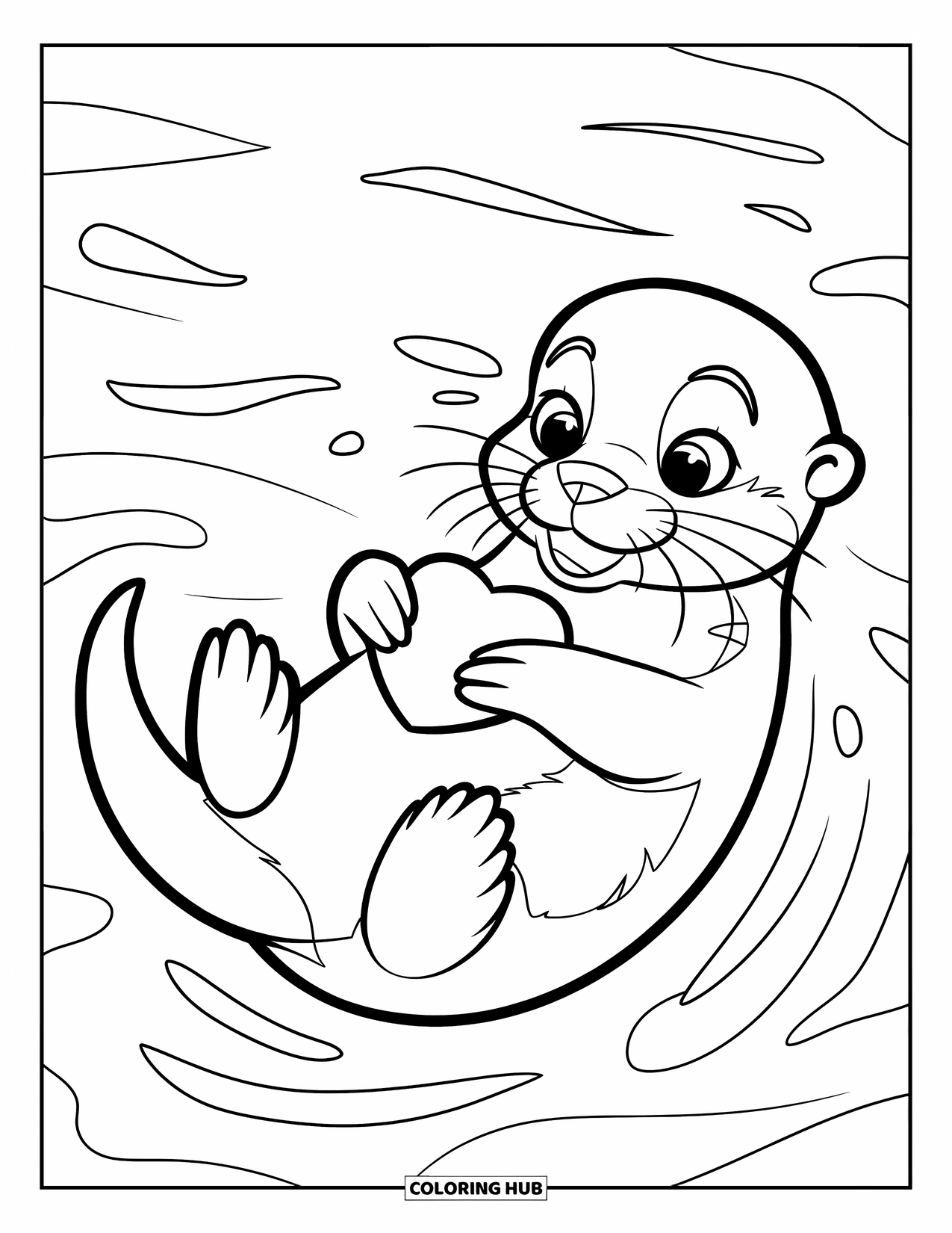 Otter Kleurplaat voor Kinderen: Een otter wiegt een hart terwijl hij vredig op een kalme zee drijft