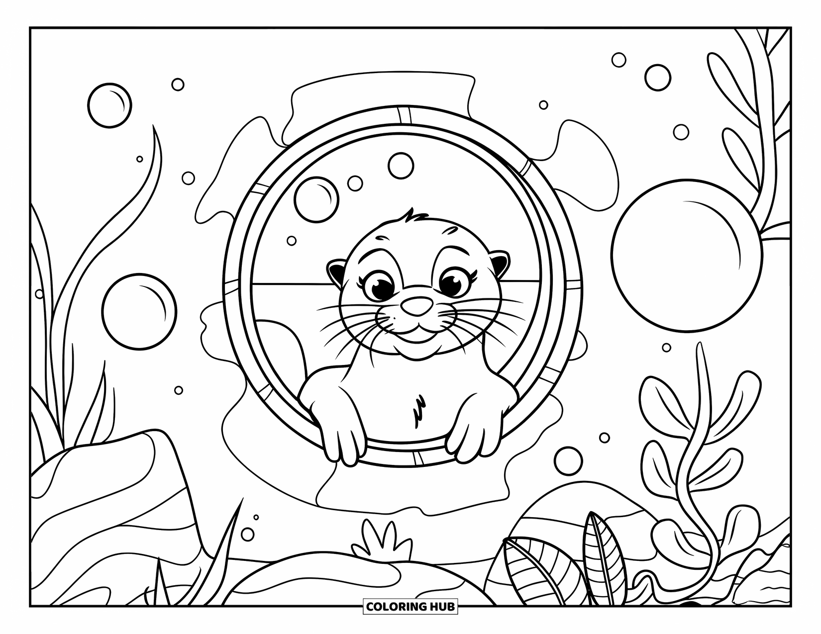 Otter Kleurplaat voor Kinderen: Een otter kijkt nieuwsgierig uit een onderwaterraam, met bellen en vissen die in de buurt zwemmen