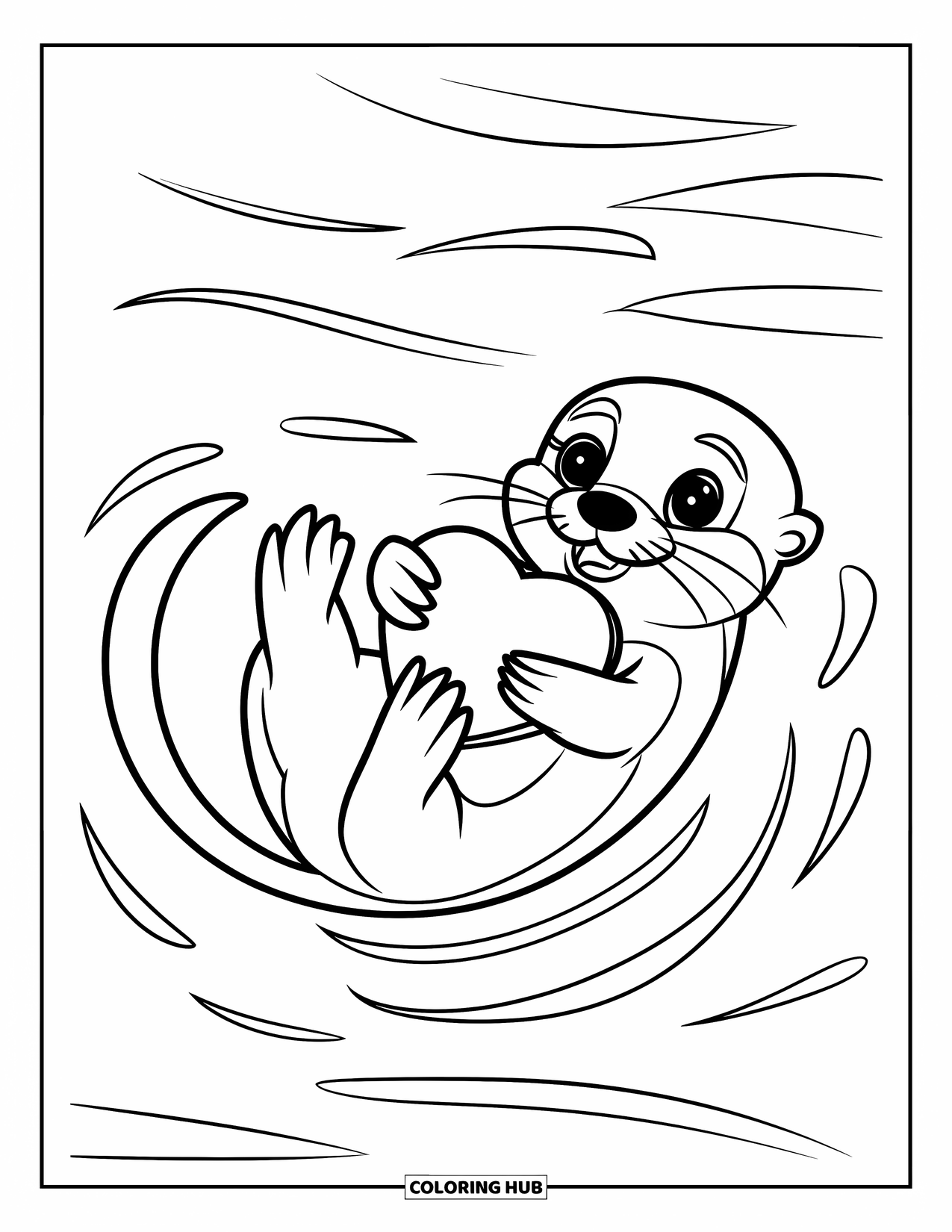Otter Kleurplaat voor Kinderen: Een otter drijft op zijn rug en knuffelt een hart terwijl kleine golven in de buurt rimpelen