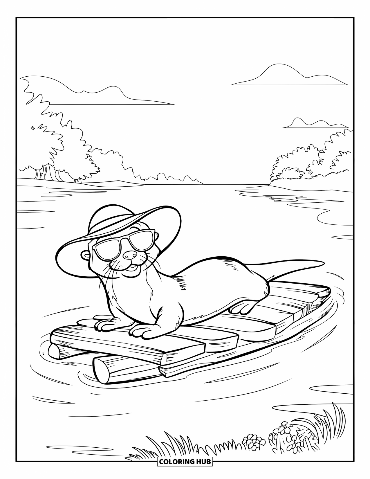 Desenho de lontra para colorir para crianças: Uma lontra de óculos de sol flutua em uma jangada de madeira, desfrutando de uma vista tranquila do lago
