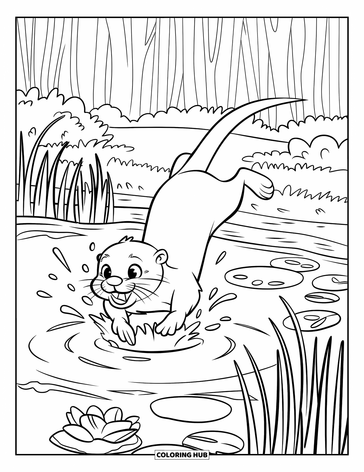 Otter Kleurplaat voor Kinderen: Een otter springt in een vijver, waardoor rimpelingen ontstaan, omringd door weelderig groen en bloemen