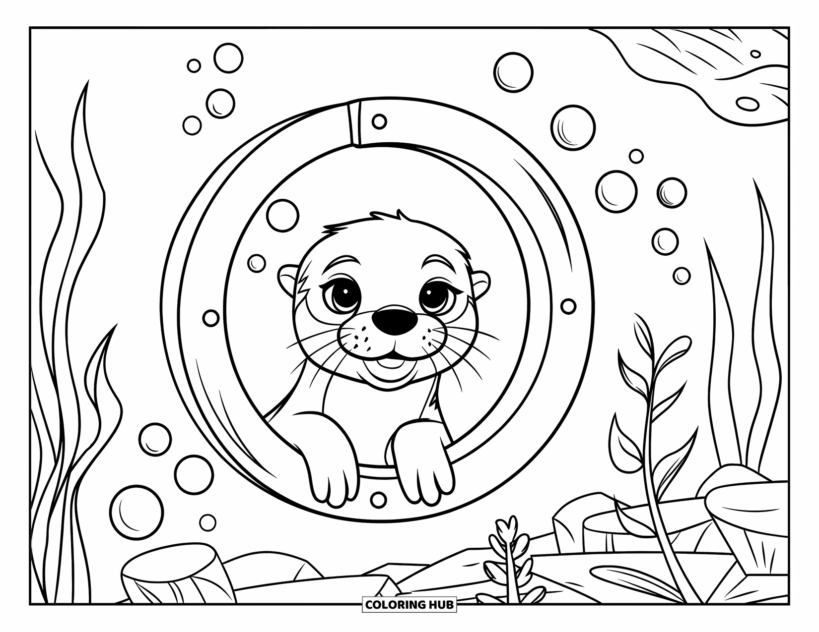 Otter Kleurplaat voor Kinderen: Een otter gluurt uit een rond onderwaterraam, omringd door bellen en waterplanten