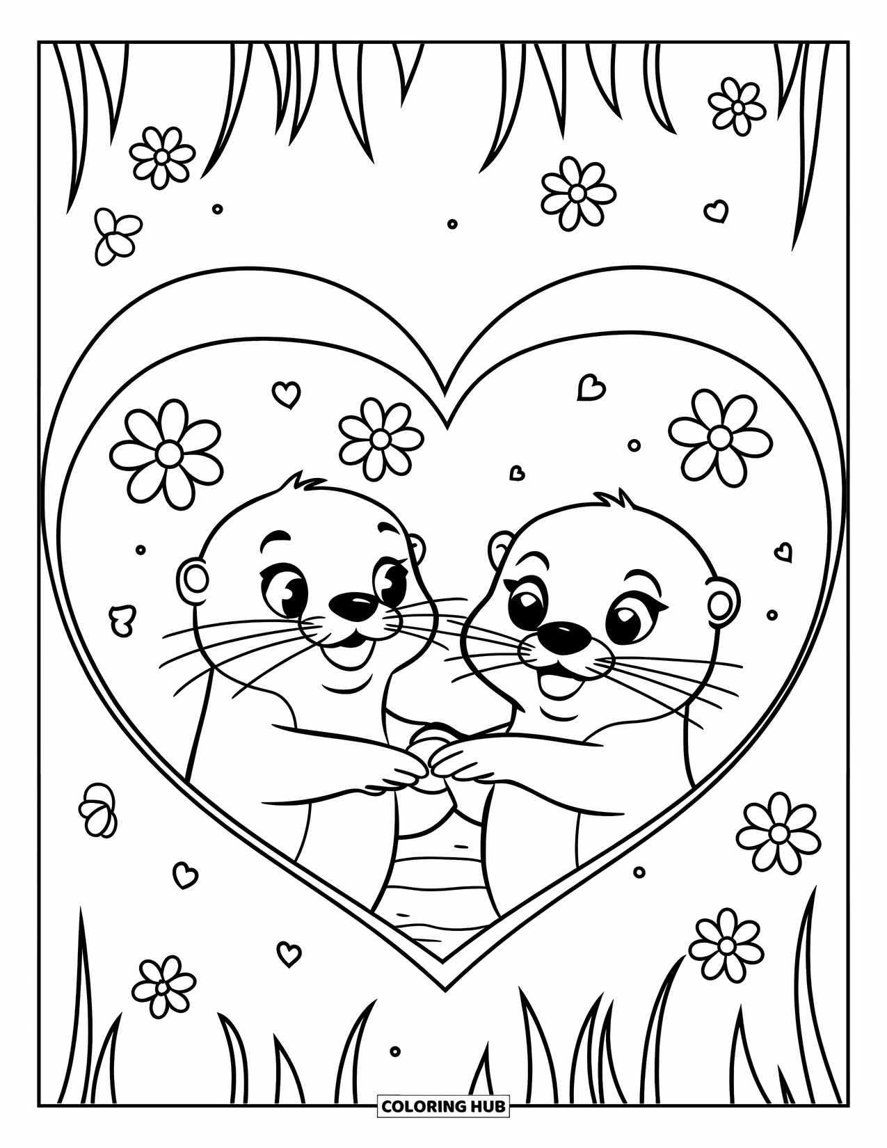 Otter Kleurplaat voor Kinderen: Otters knuffelen in een hartvormige vijver, met delicate bloemen die om hen heen drijven