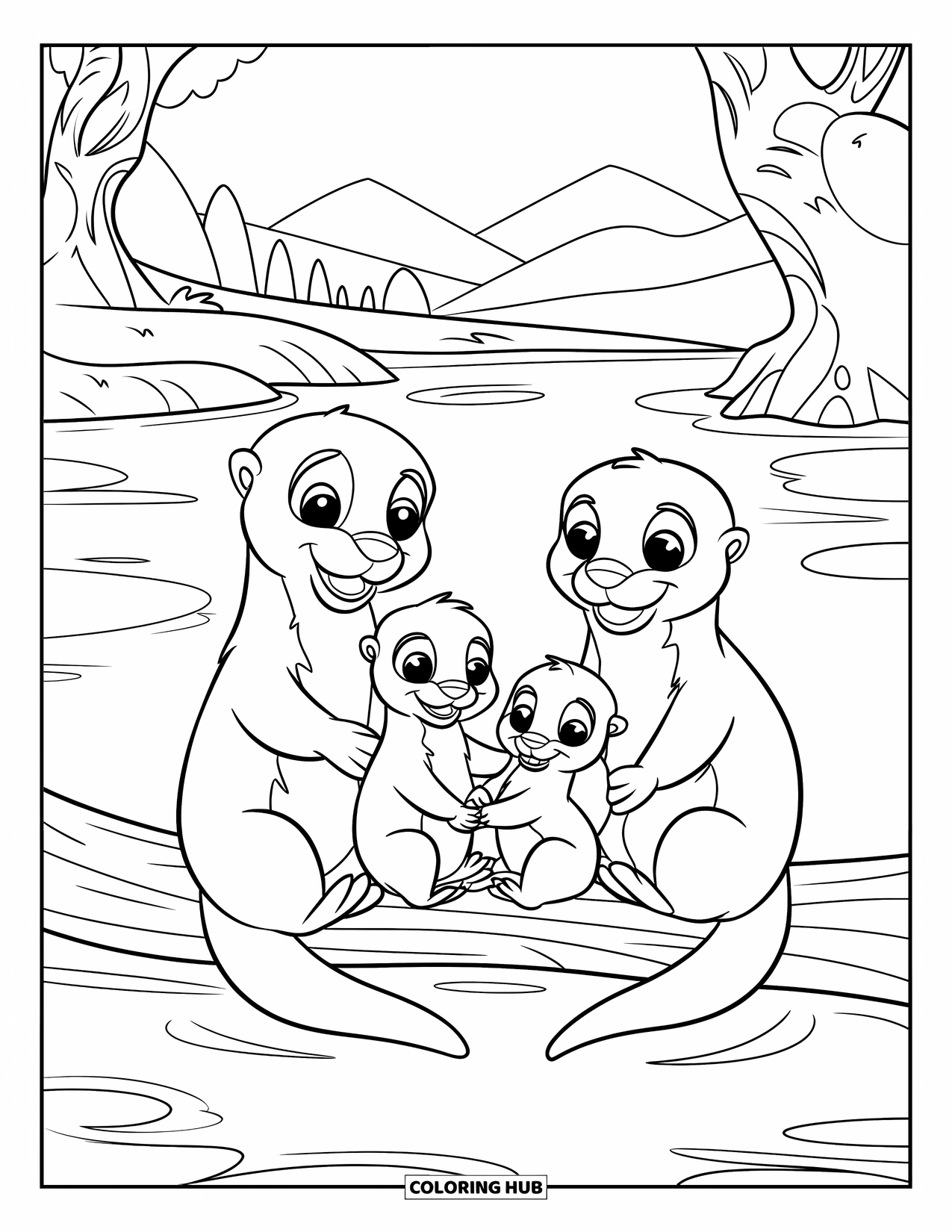 Otter Kleurplaat voor Kinderen: Otters drijven samen in een cirkel op het water en houden elkaars hand vast met een speelse uitdrukking