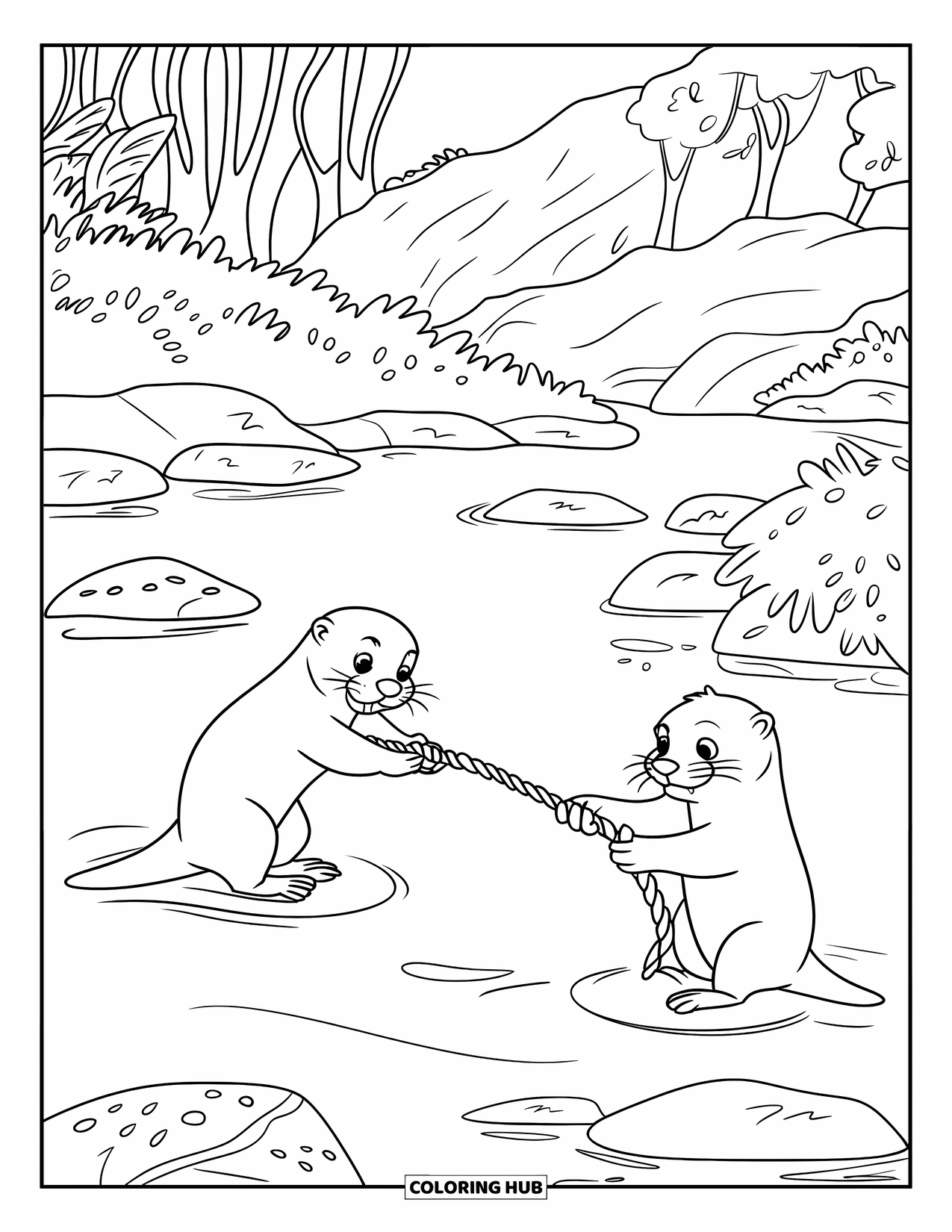 Otter Kleurplaat voor Kinderen: Otters worstelen om een stuk zeewier, omringd door rotsen en weelderige rivierplanten