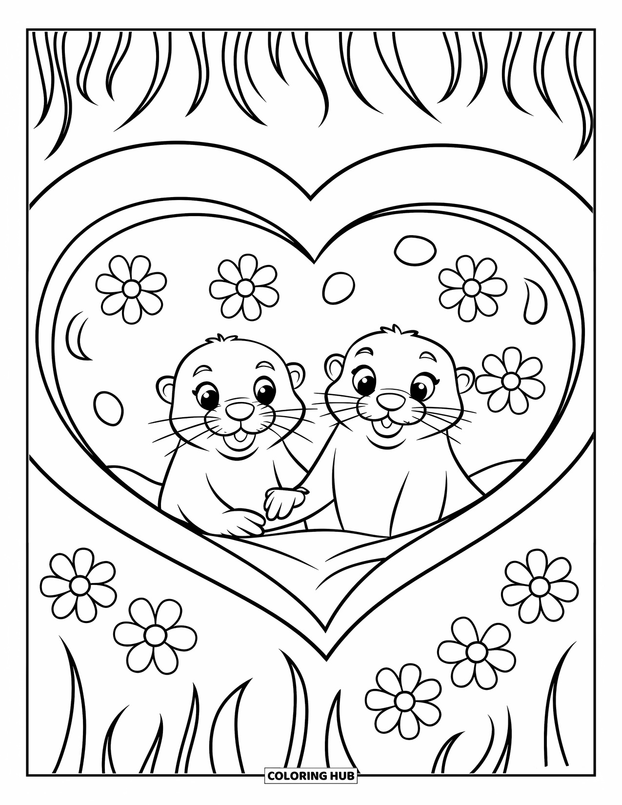 Otter Kleurplaat voor Kinderen: Twee otters houden elkaars hand vast in een hartvormig zwembad, omringd door drijvende bloemen