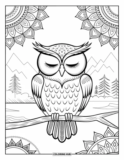 Dibujo de búhos para colorear para adultos: Un búho tranquilo posado en una rama, rodeado de mandalas, con un paisaje sereno al fondo