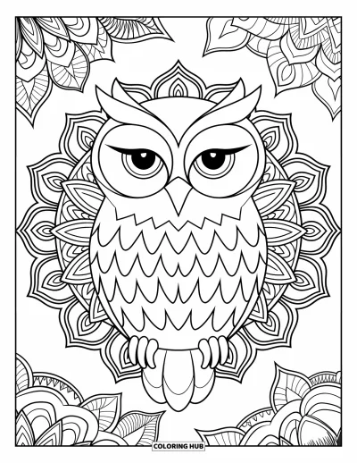 Dibujo de búhos para colorear para adultos: Un búho tranquilo posado en una rama, con texturas detalladas en las plumas y patrones de mandala intrincados