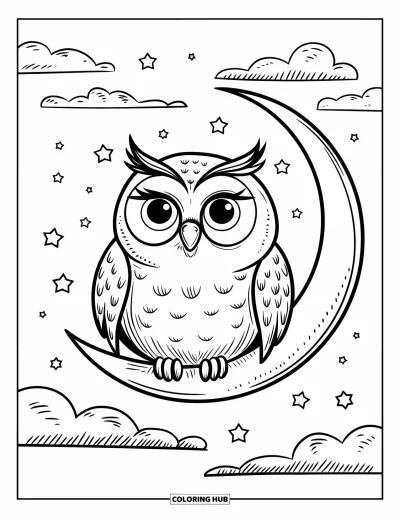 Dibujo de búhos para colorear para adultos: Un búho regordete sentado en una luna creciente, rodeado de estrellas y nubes esponjosas