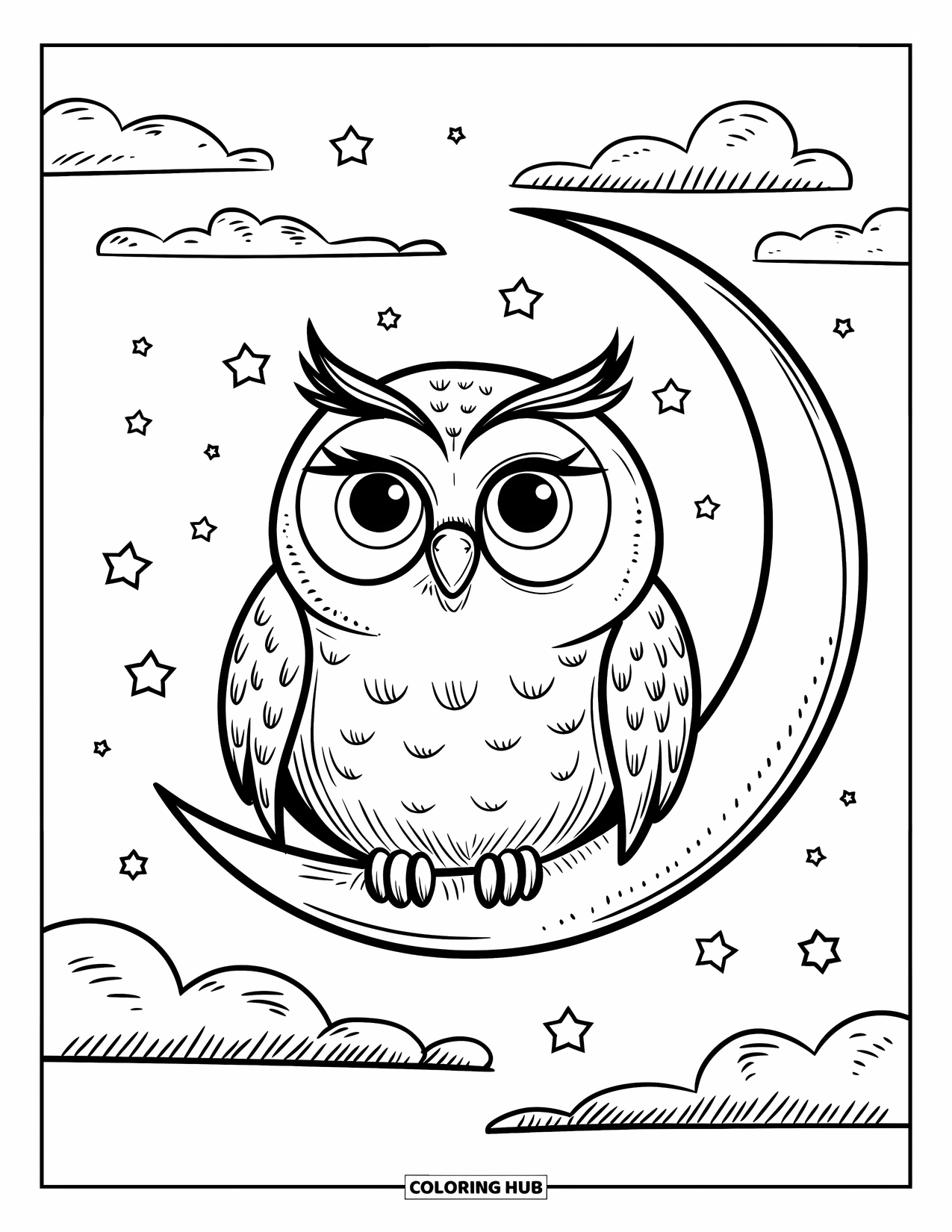 Owl Coloring Page for Adults: A chubby owl sitting on a crescent moon, surrounded by stars and fluffy clouds