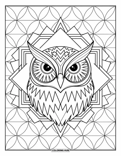 Dibujo de búhos para colorear para adultos: Un rostro de búho detallado con ojos grandes, enmarcado por triángulos y cuadrados, con un fondo de círculos