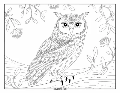 Dibujo de búhos para colorear para adultos: Un búho detallado posado en una rama, rodeado de elementos florales y suelo texturizado
