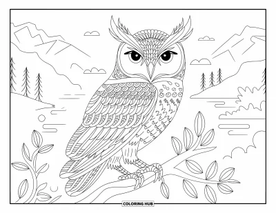 Dibujo de búhos para colorear para adultos: Un búho detallado posado en una rama, rodeado de elementos florales, con montañas y agua