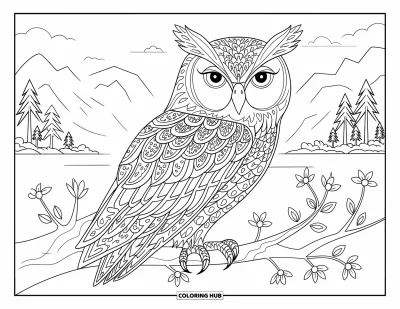 Dibujo de búhos para colorear para adultos: Un búho detallado posado en una rama, con plumas intrincadas y un paisaje sereno de fondo