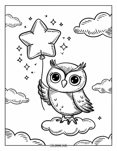 Dibujo de búhos para colorear para adultos: Un búho estilo kawaii sosteniendo un globo en forma de estrella sobre una nube, rodeado de destellos en un cielo esponjoso