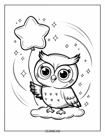 Dibujo de búhos para colorear para adultos: Un búho estilo kawaii sosteniendo un globo en forma de estrella sobre una nube, con líneas curvas suaves y destellos en forma de estrella