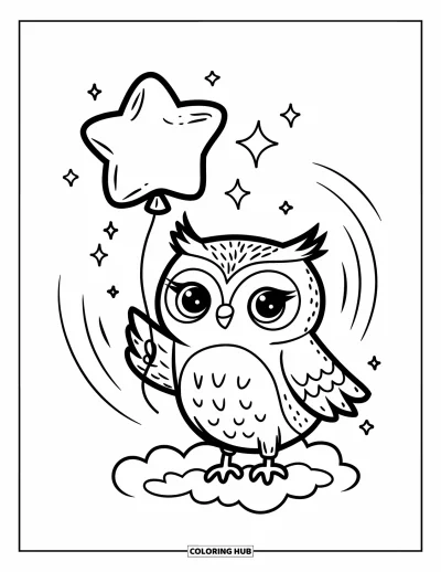 Dibujo de búhos para colorear para adultos: Un búho estilo kawaii sosteniendo un globo en forma de estrella, de pie sobre una nubecita con destellos alrededor