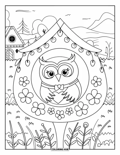 Dibujo de búhos para colorear para adultos: Un búho estilo kawaii dentro de una casita para pájaros con bufanda, sosteniendo un corazón, con un paisaje al fondo