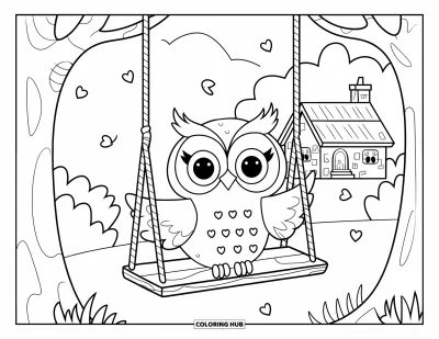 Dibujo de búhos para colorear para adultos: Un búho estilo kawaii en un columpio entre dos ramas, con hojas en forma de corazón y una cabaña acogedora al fondo