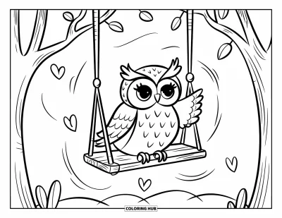 Dibujo de búhos para colorear para adultos: Un búho estilo kawaii en un columpio de madera, con hojas en forma de corazón cayendo y líneas curvas suaves que sugieren movimiento