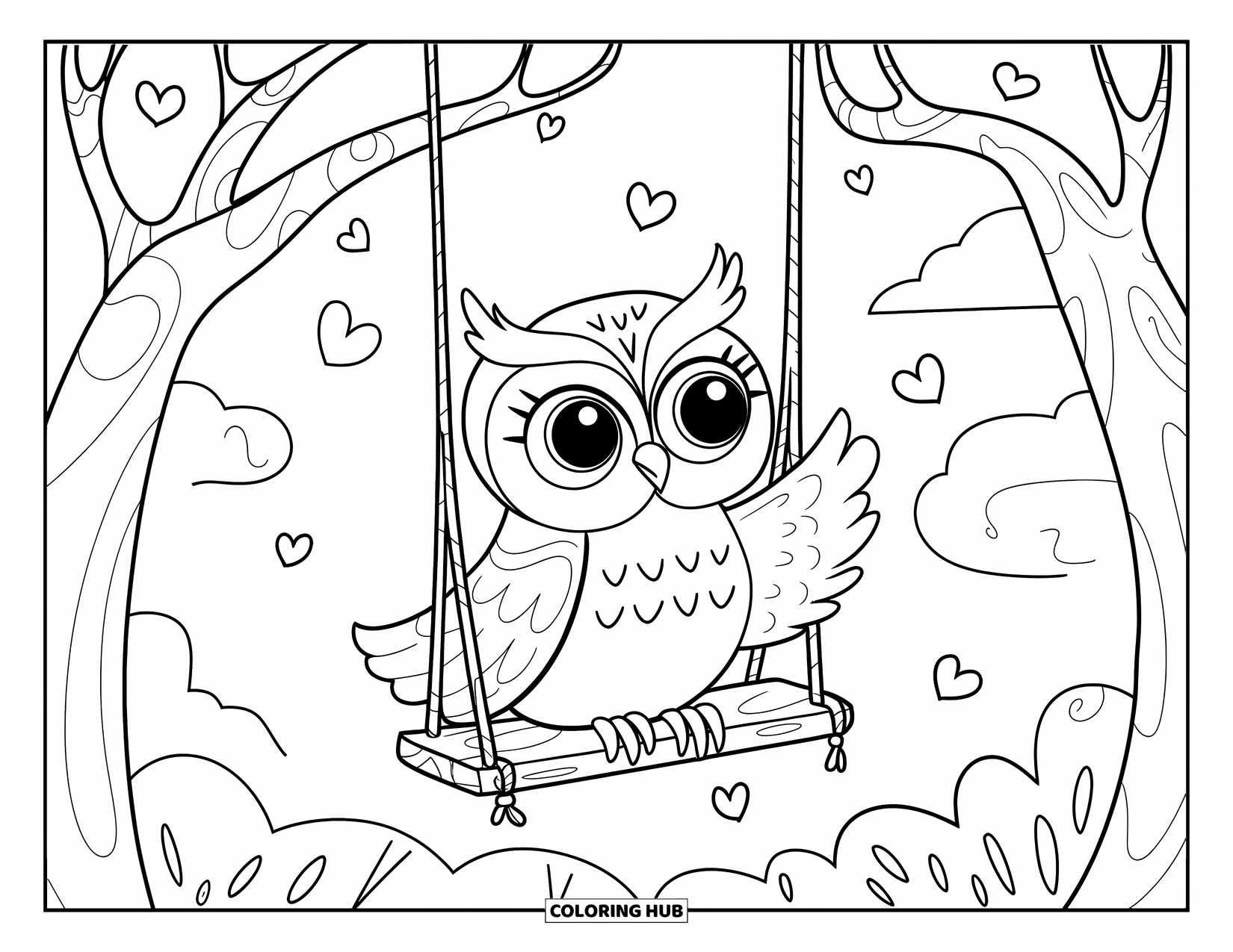Owl Coloring Page for Adults: A kawaii owl on a wooden swing, with heart-shaped leaves falling around the scene
