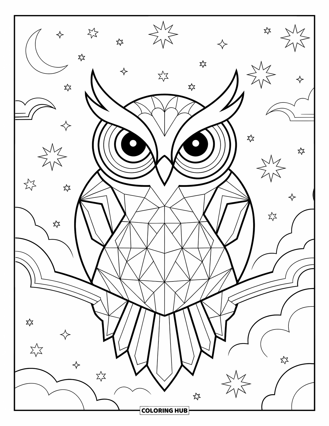 Owl Coloring Page for Adults: A mystical owl with geometric patterns, surrounded by celestial shapes and a night sky